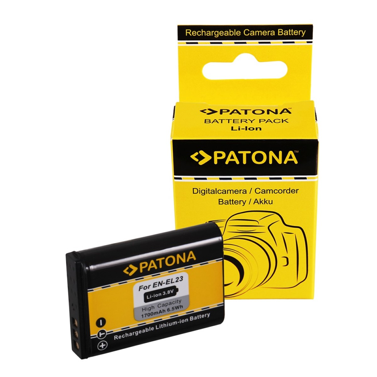 Patona Kamera-Akku und Box. Schwarzer Akku, gelbe und schwarze Box.