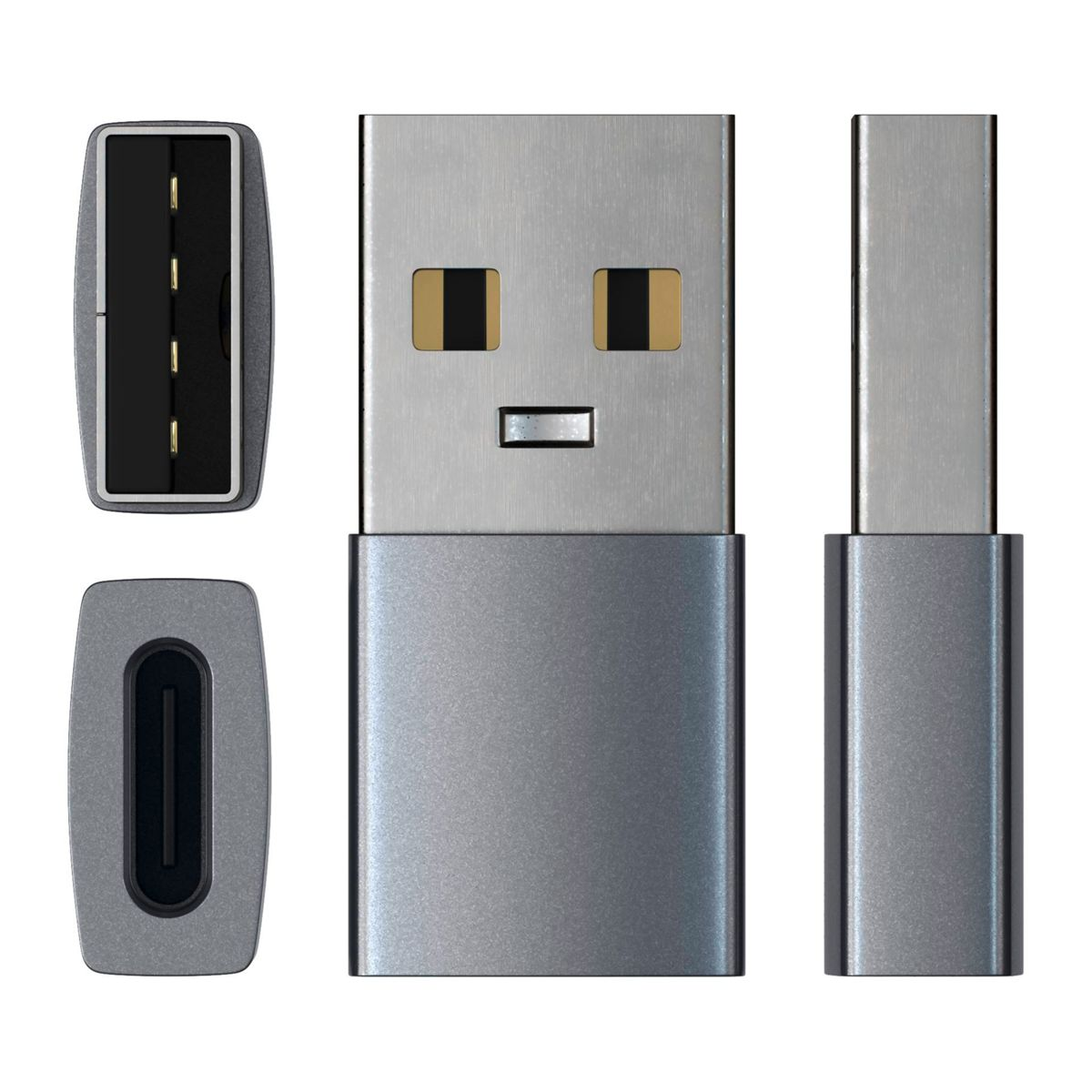 Srebrny adapter USB z wieloma widokami. Posiada port USB-A i USB-C.