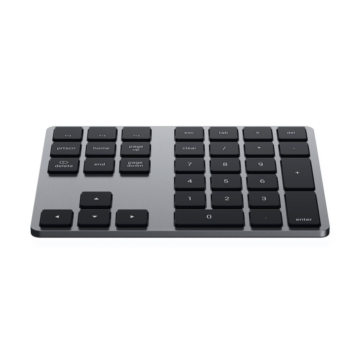 Eine graue Numpad-Tastatur mit Metallic-Finish und schwarzen Tasten.