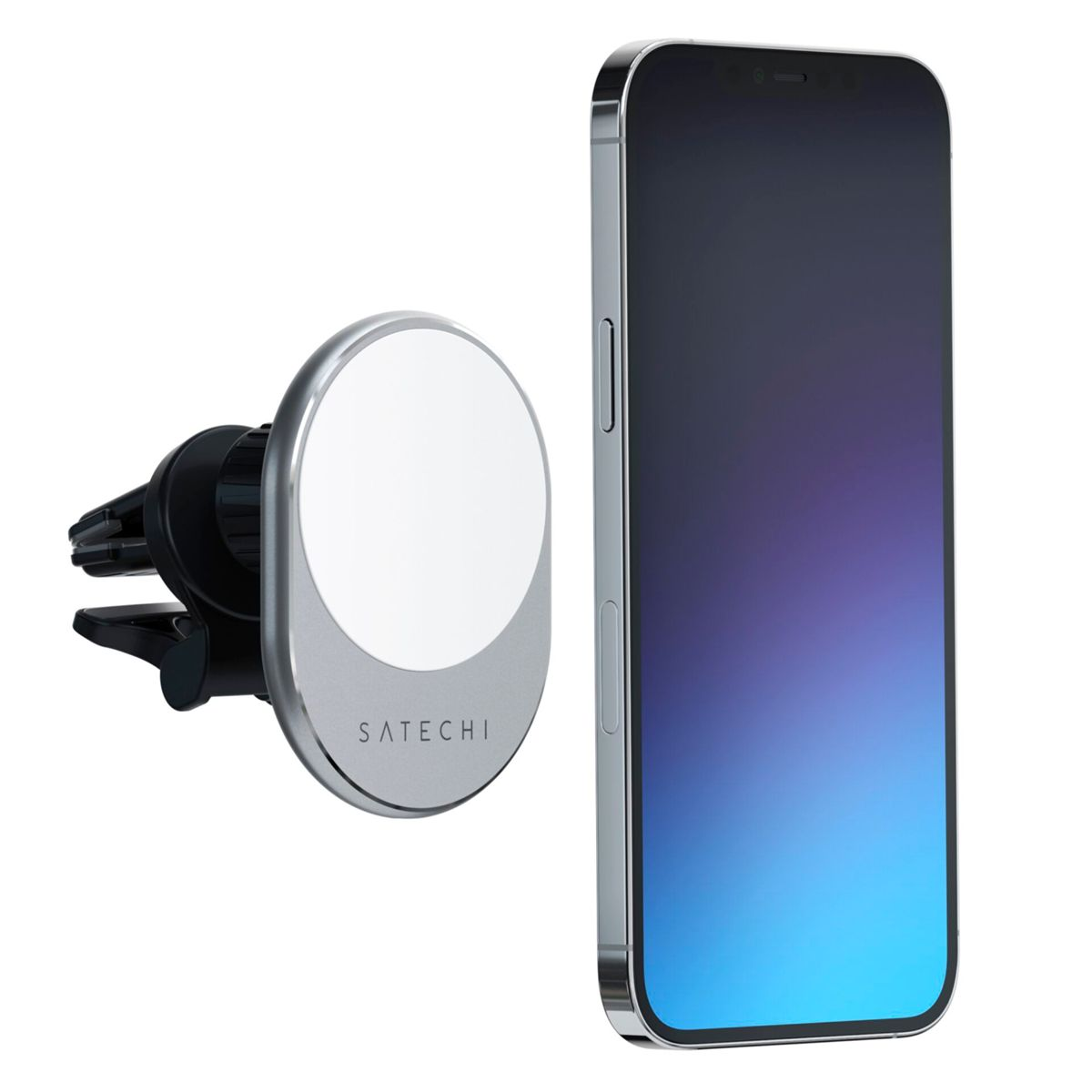 Kfz-Telefonhalterung mit angebrachtem Telefon. Silbernes und schwarzes Design. Telefon ist schwarz mit Farbverlauf.