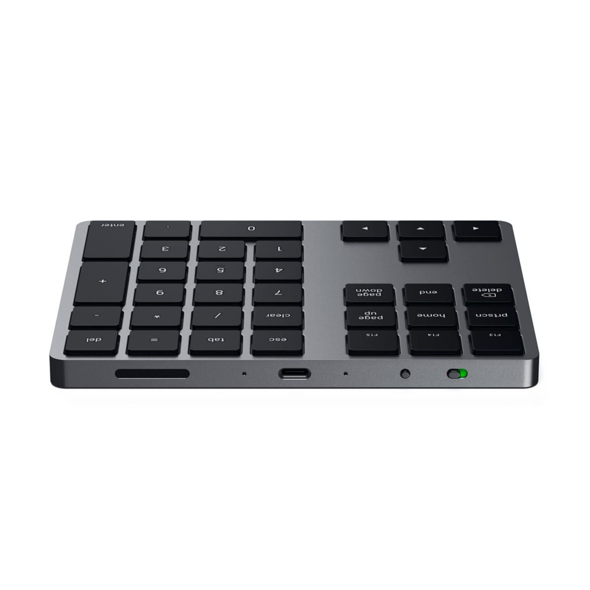 Dunkelgraue Nummernblock-Tastatur mit Zifferntasten und Funktionstasten. Grünes Licht leuchtet.