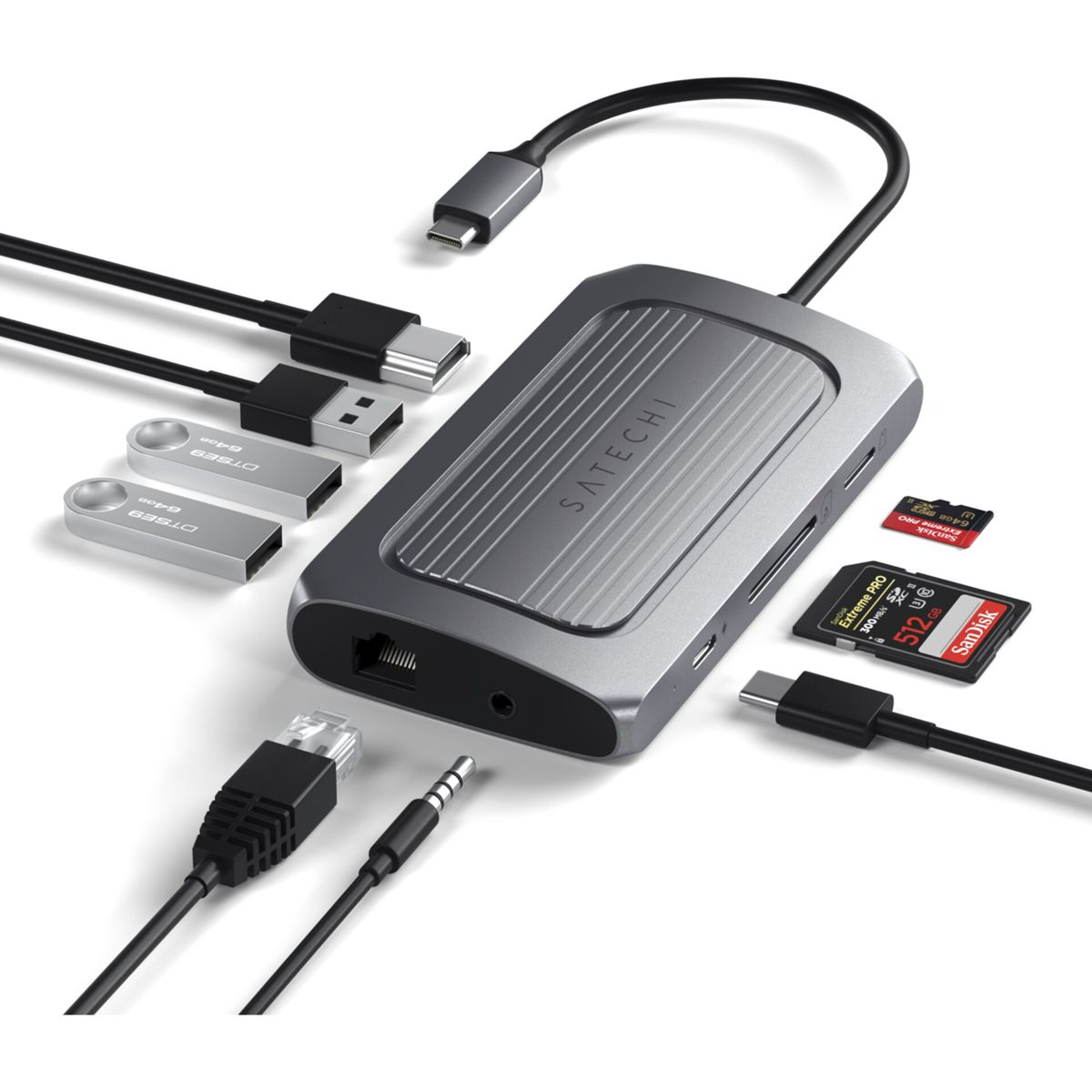 Silberner Hub mit Anschlüssen, Kabeln, USB-Laufwerken und SD-Karten.