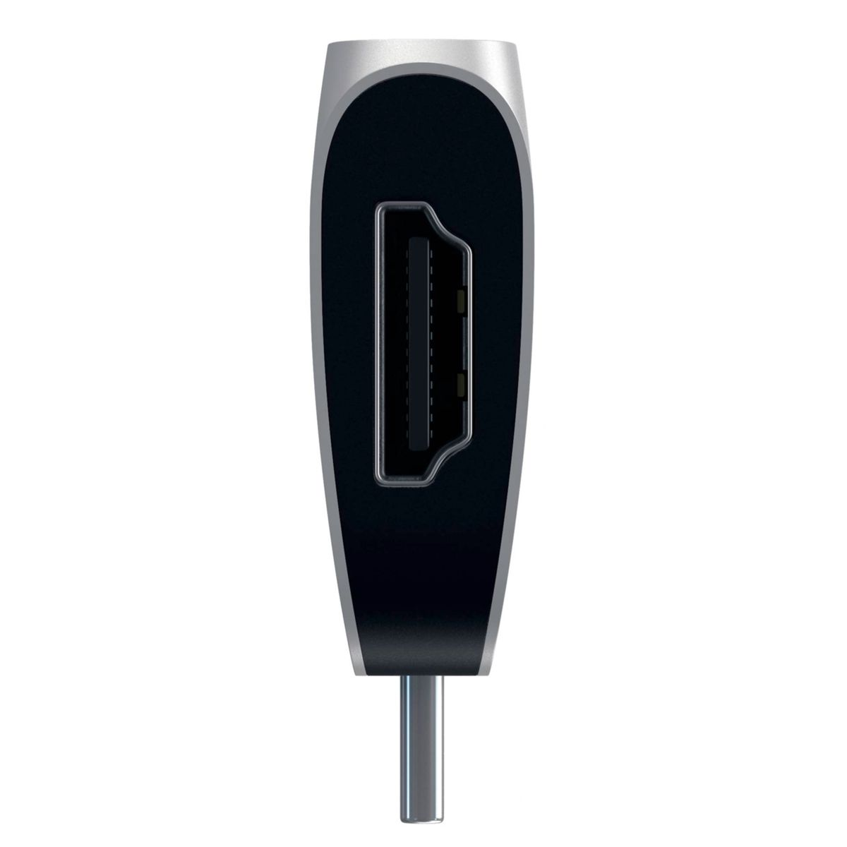 A black and silver HDMI adapter. It has a male HDMI connector and a small, sleek design.