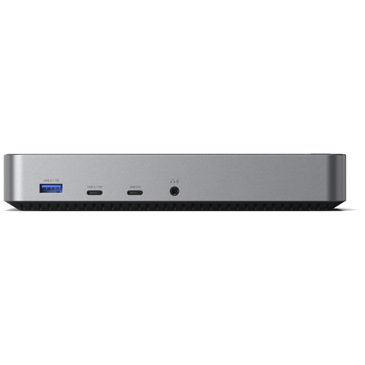 Silbernes rechteckiges Gerät mit Anschlüssen auf der Rückseite. USB, Audio und Stromanschlüsse sichtbar.