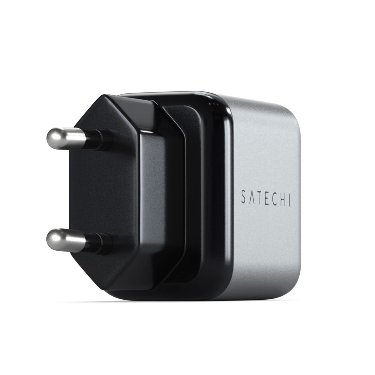 Silbernes und schwarzes Satechi USB-Ladegerät mit europäischem Stecker.
