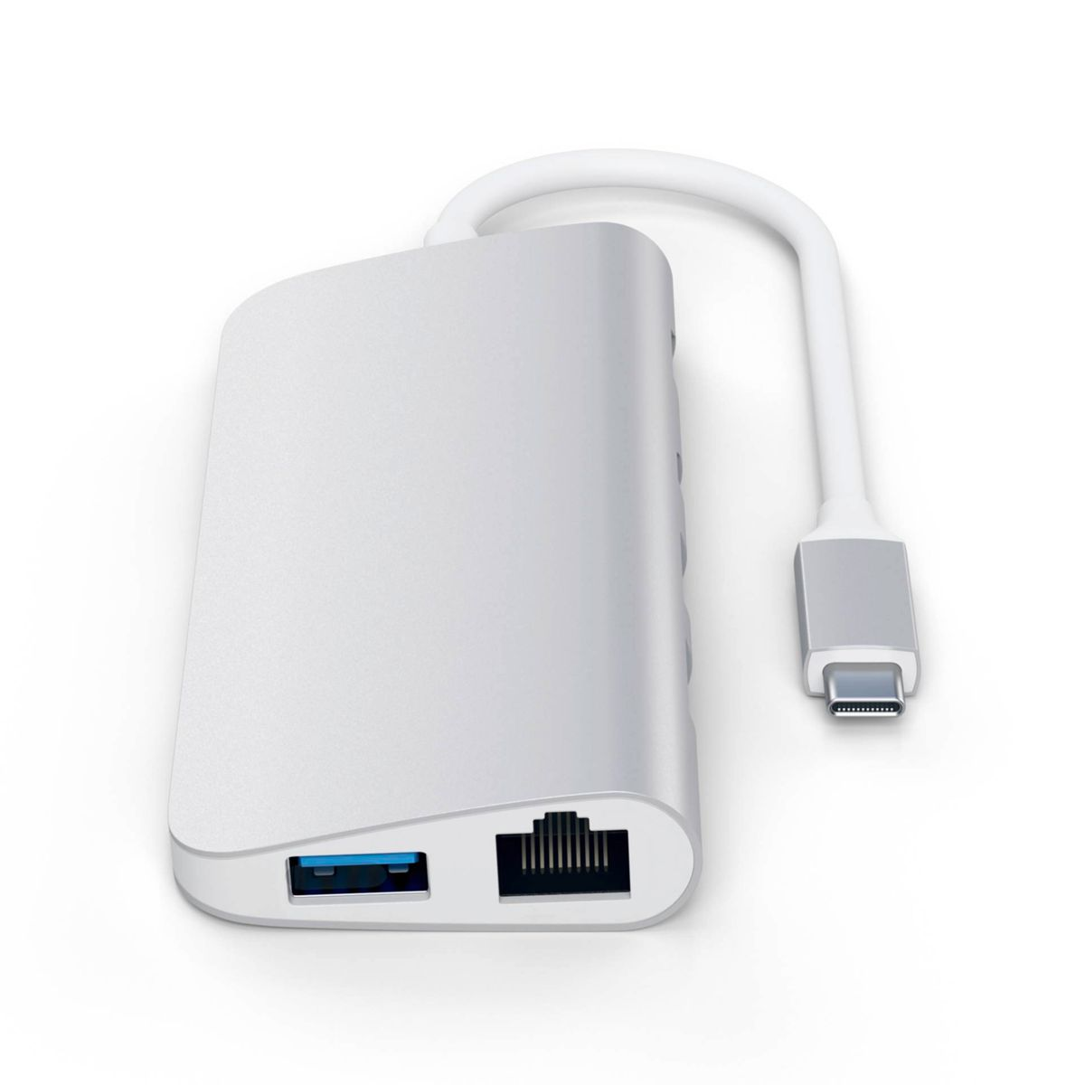 Ein silberner Hub mit USB-Anschluss, Ethernet-Port und angeschlossenem Kabel.
