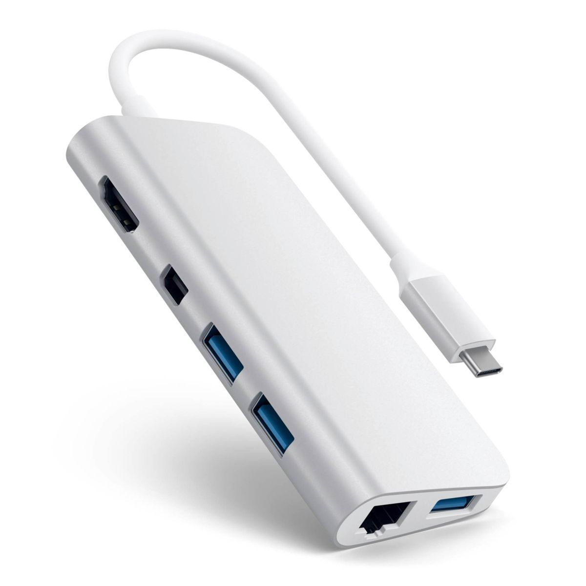 Weißer USB-Hub mit mehreren Anschlüssen und einem weißen Kabel.