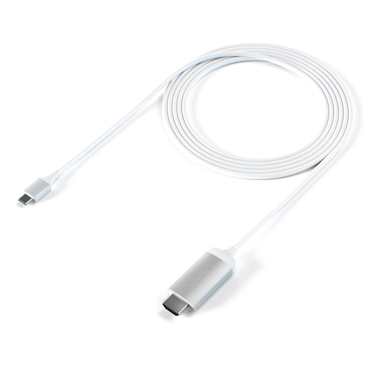 Un cavo USB-C a HDMI bianco. Un'estremità è USB-C, l'altra è HDMI. Isolato su sfondo bianco.