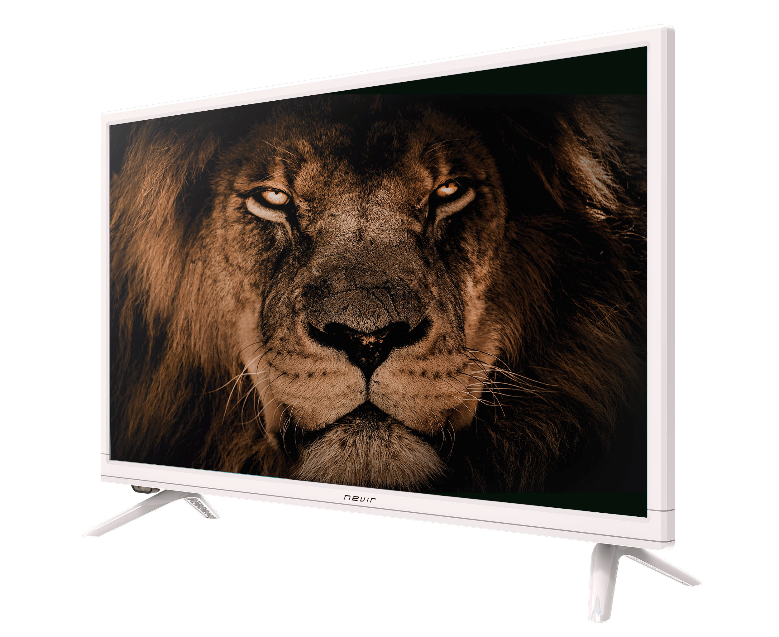 Un televisor blanco que muestra un primer plano de la cara de un león. El televisor está sobre un soporte blanco.