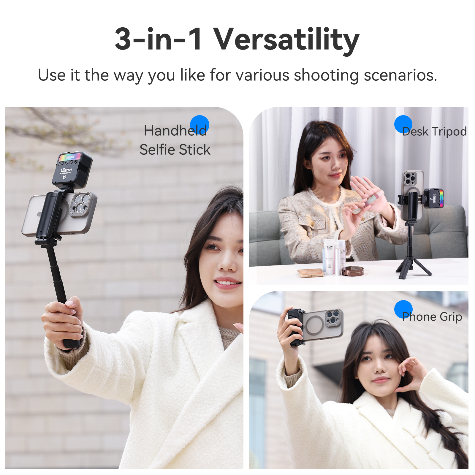 A woman uses a 3-in-1 selfie stick as a handheld, desk tripod, and phone grip.