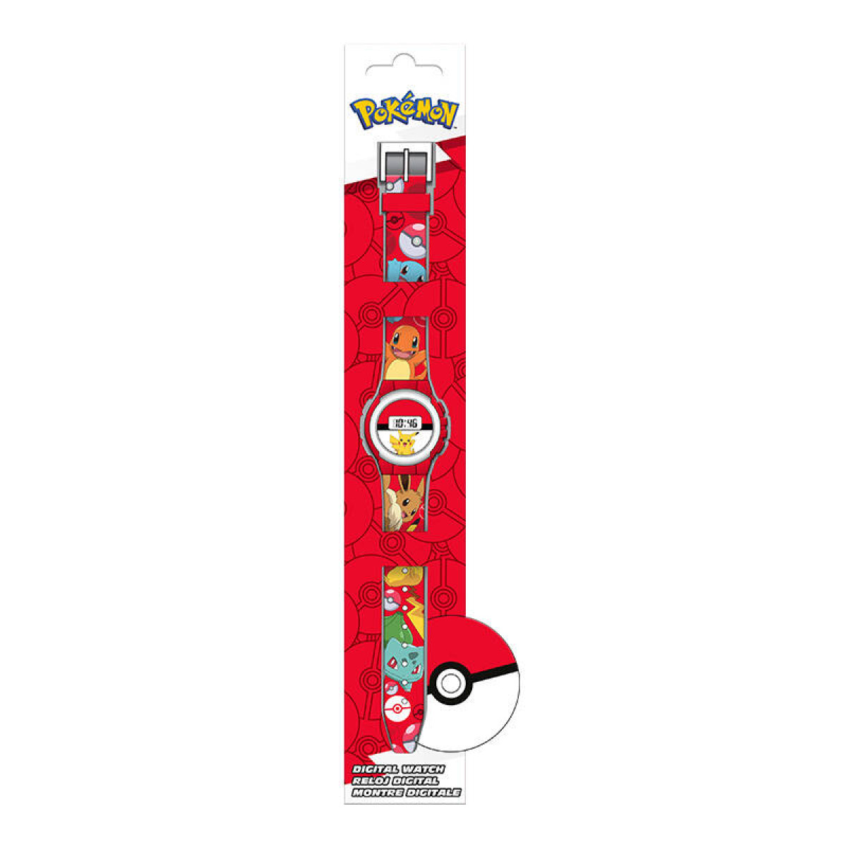 Eine rote Pokemon-Uhr mit rotem Band, weißem Pokeball und digitaler Anzeige.