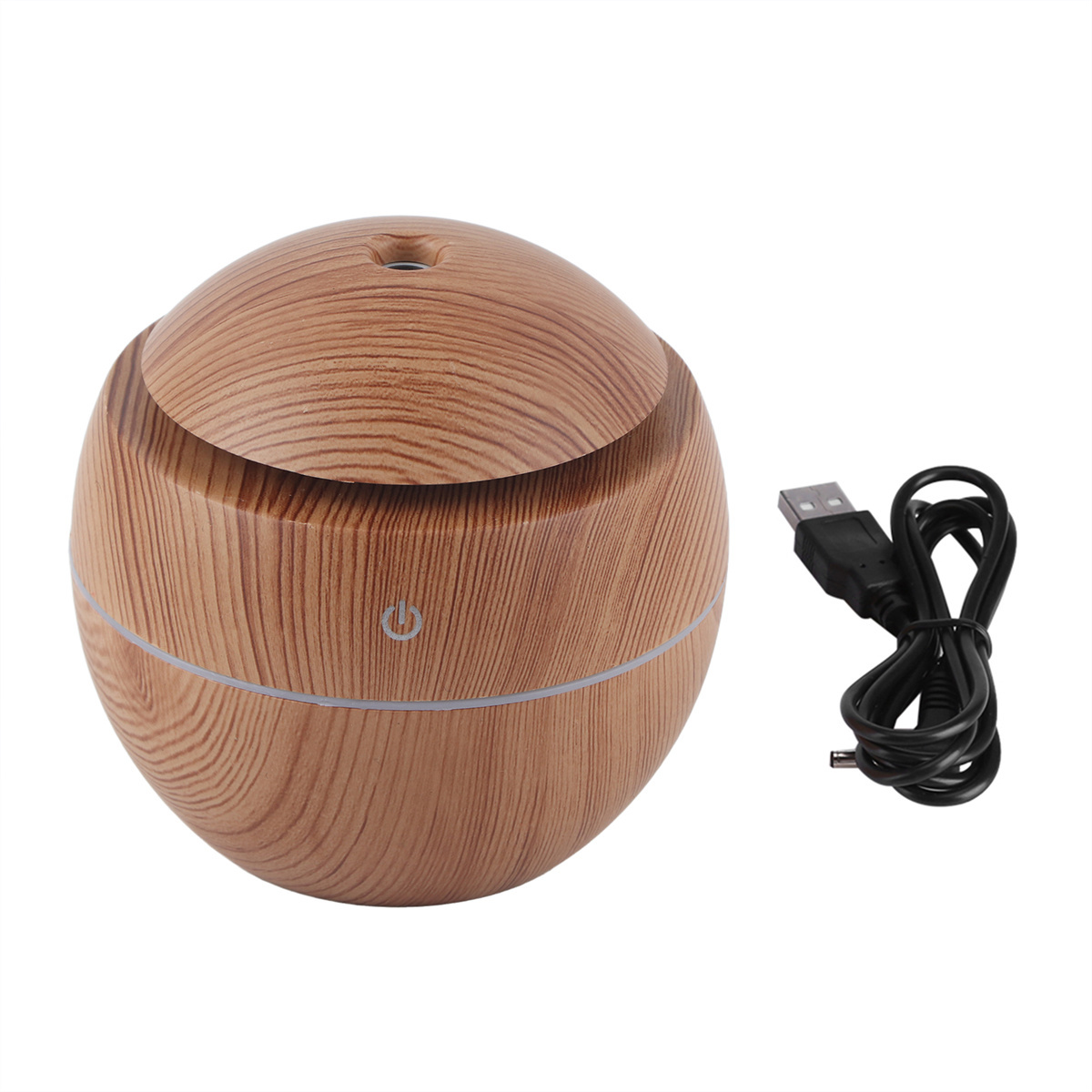 Aroma-Diffusor mit Holzmaserung, offenem Deckel und schwarzem USB-Kabel.