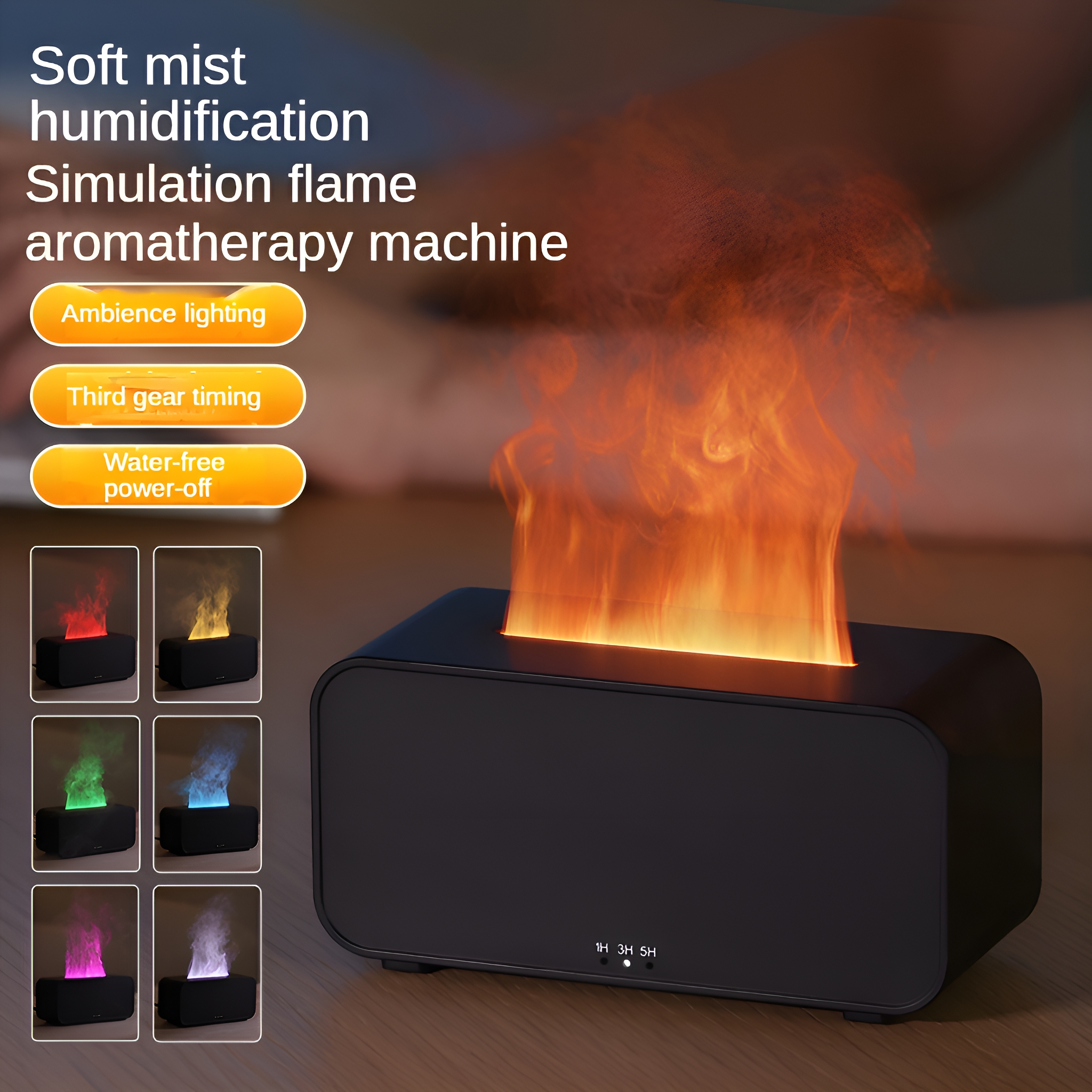 Schwarzer Luftbefeuchter mit Flammeneffekt und Lichtoptionen.