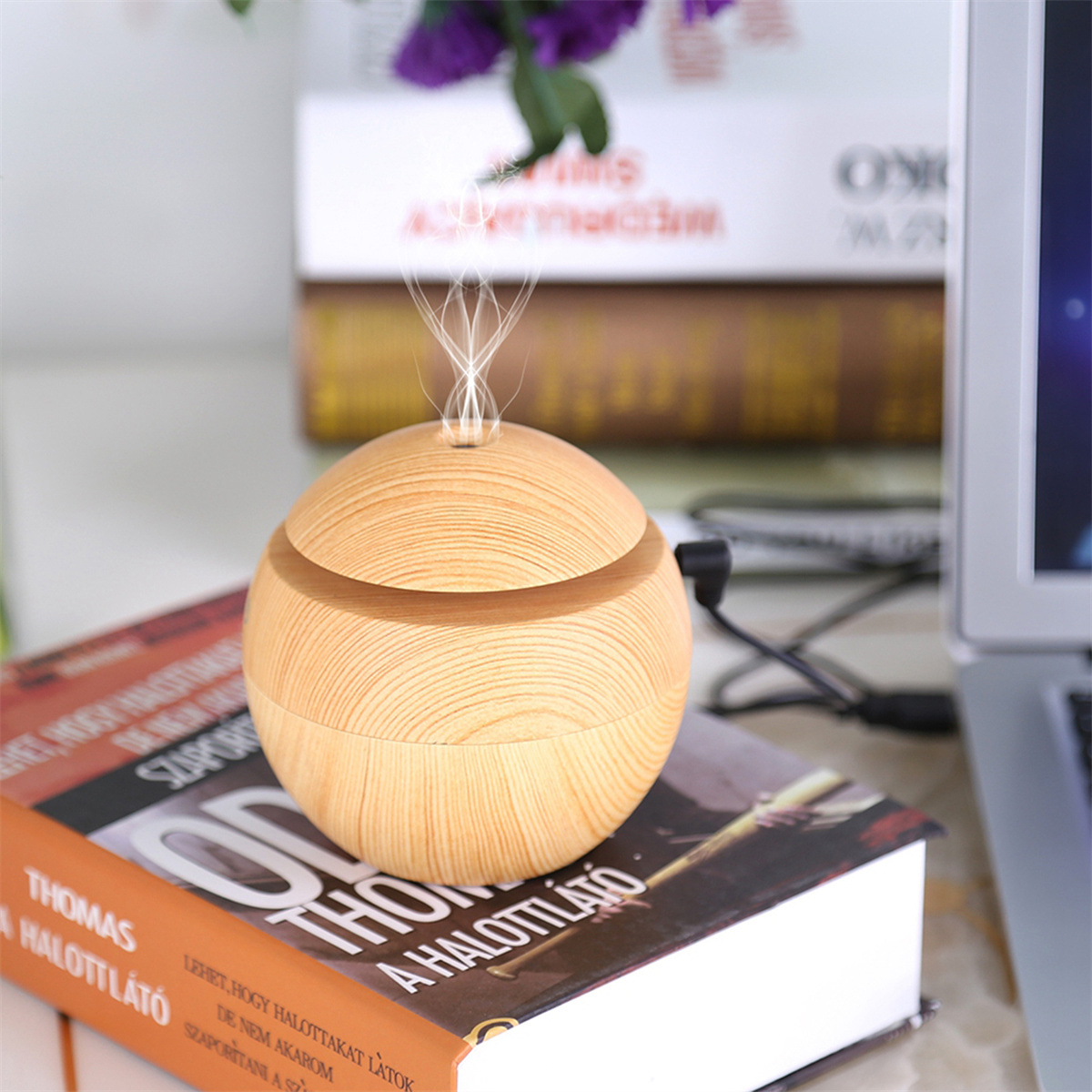 Ätherischer Öl-Diffusor aus Holz auf einem Buch. Weißer Rauch steigt aus der Oberseite des Diffusors auf.