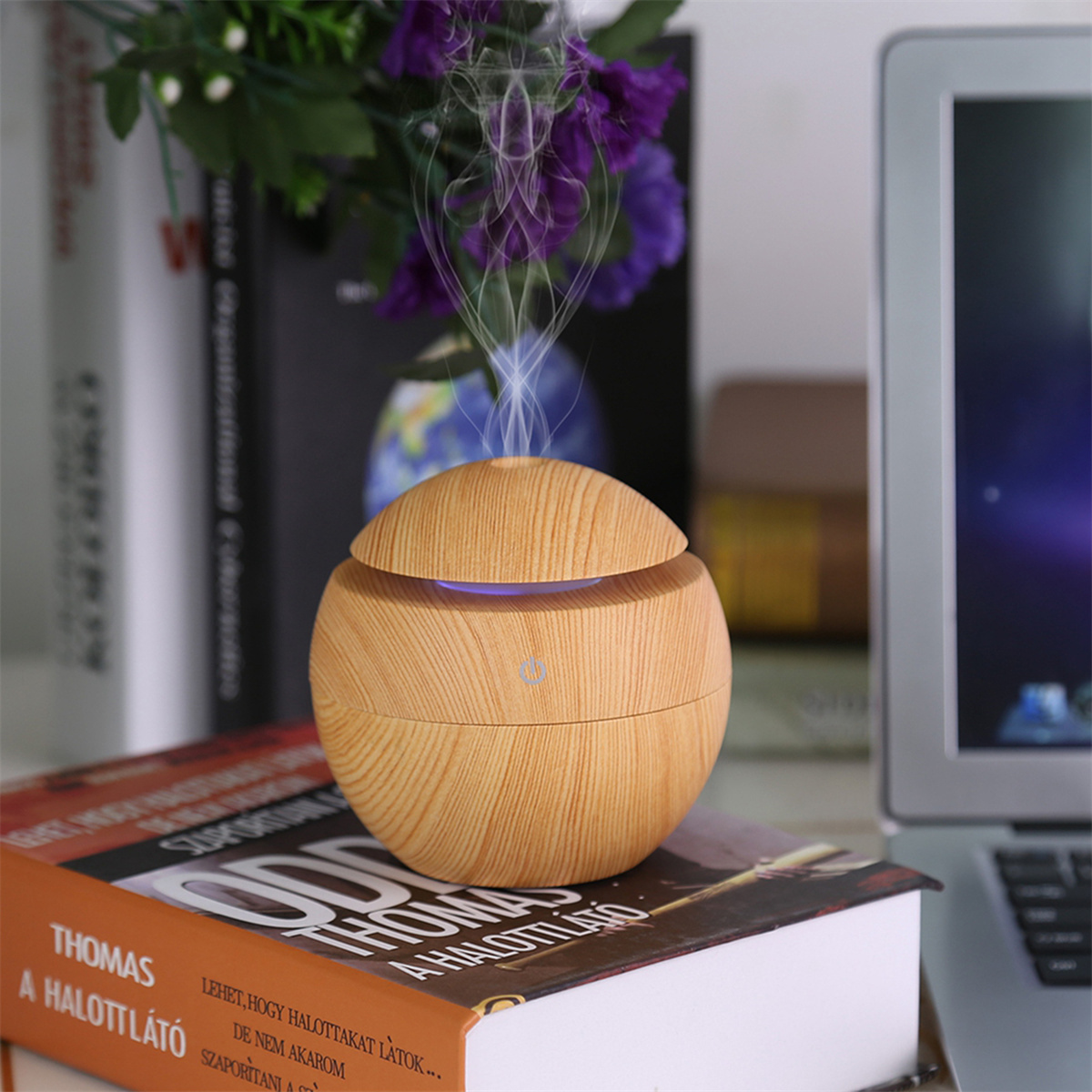 Holz-Aromadiffusor mit Dampf, Büchern und einem Laptop.