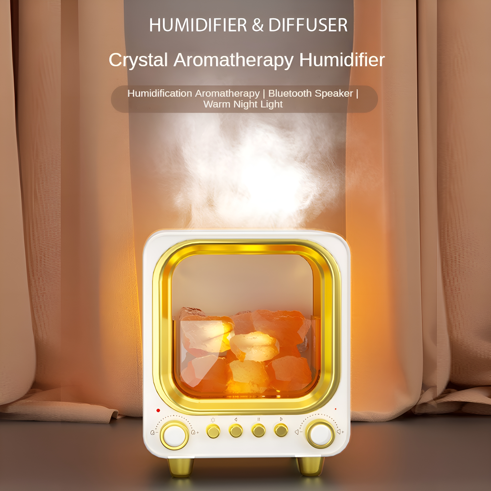 Ein weiß-goldener Luftbefeuchter mit kristallartigem Innenraum. Er steht auf einem Ständer mit warmem Licht.