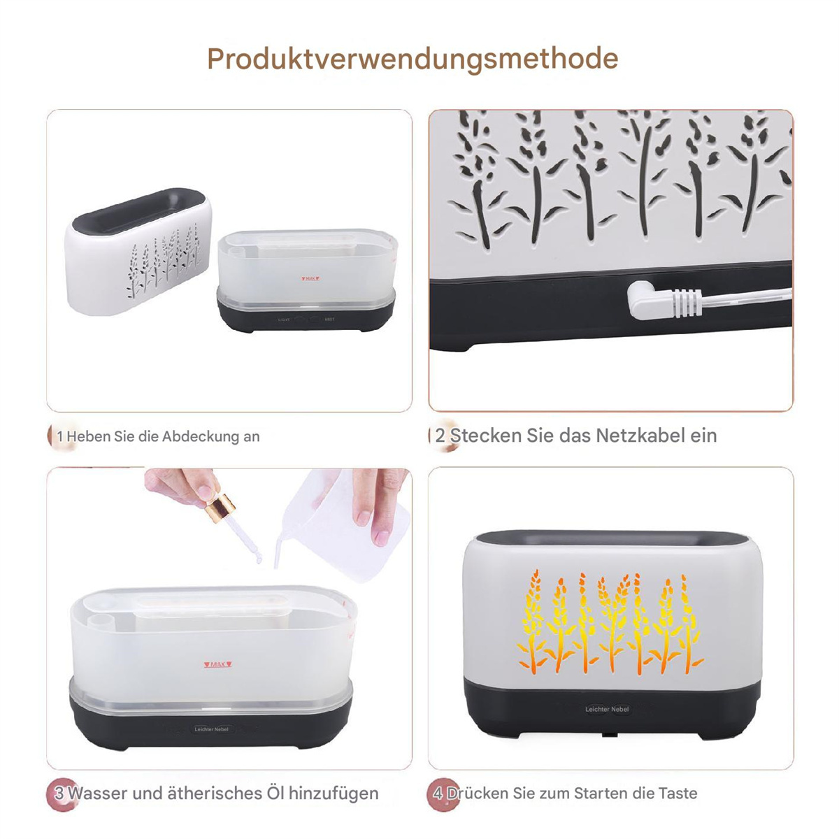 Anweisungen zur Verwendung eines Aromadiffusors, die die Schritte des Öffnens, Befüllens mit Wasser/Öl und Einschaltens zeigen.