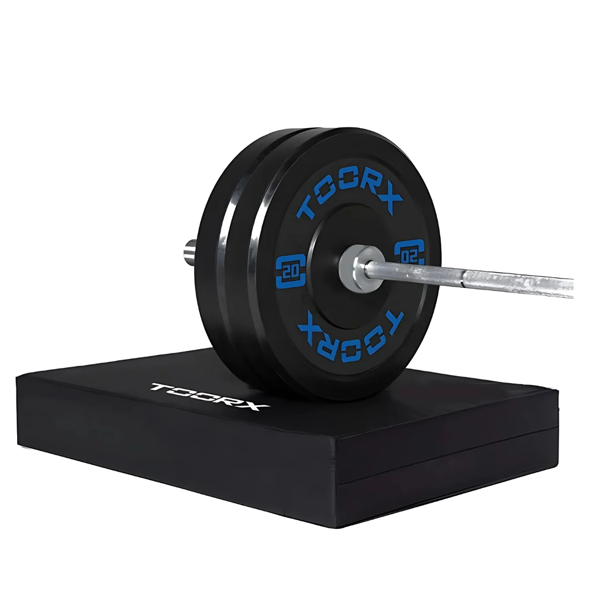 A barbell with weight plates is on a black platform.