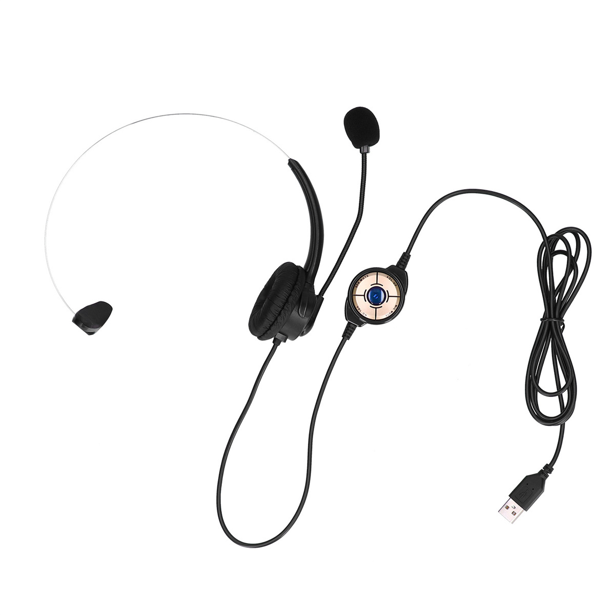 Headset mit Mikrofon und USB-Anschluss, schwarz und silber.