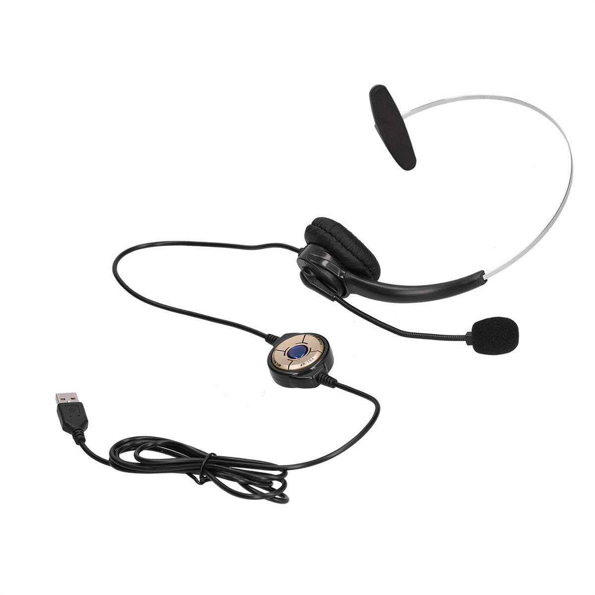 Ein schwarzes USB-Headset mit Mikrofon und Lautstärkeregler auf weißem Hintergrund.