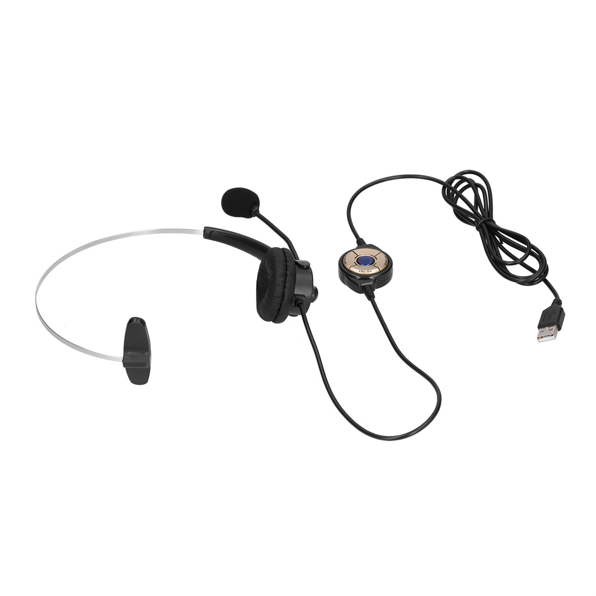 Ein Headset mit Mikrofon, Lautstärkeregler und USB-Anschluss.