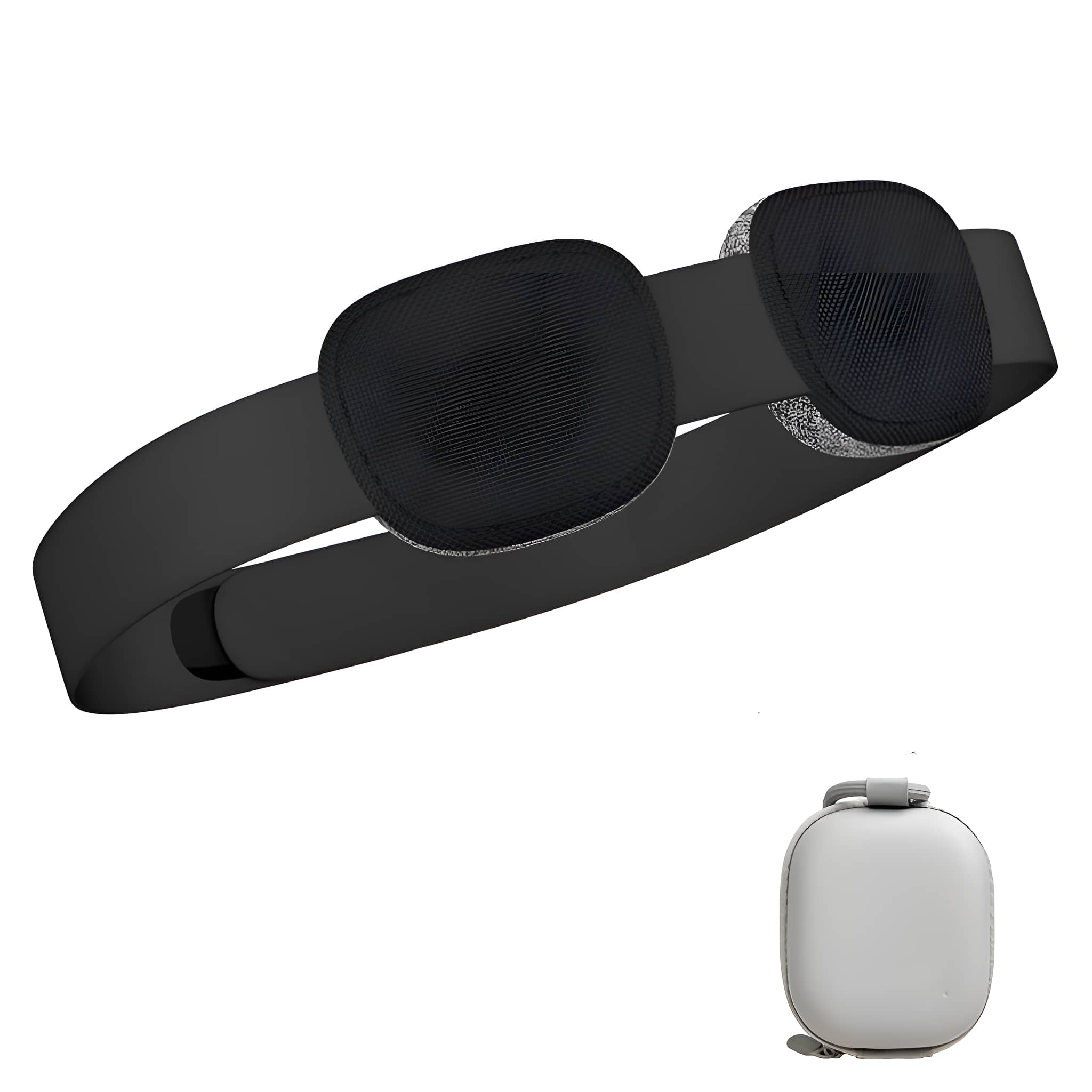 Ein schwarzes Stirnband mit Ohrpolstern und einem weißen Etui, vor weißem Hintergrund.