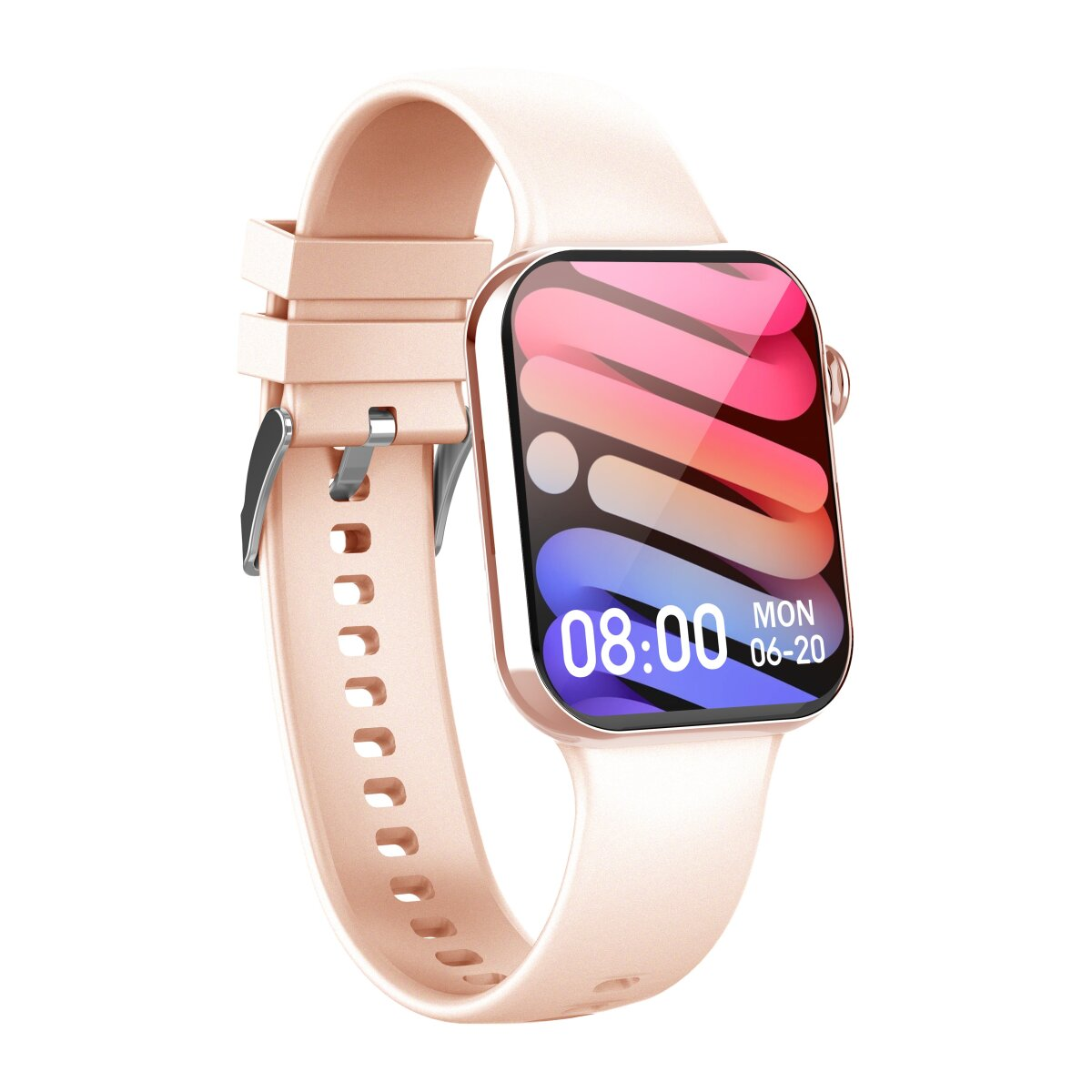 Eine roségoldene Smartwatch, die die Uhrzeit und das Datum anzeigt.