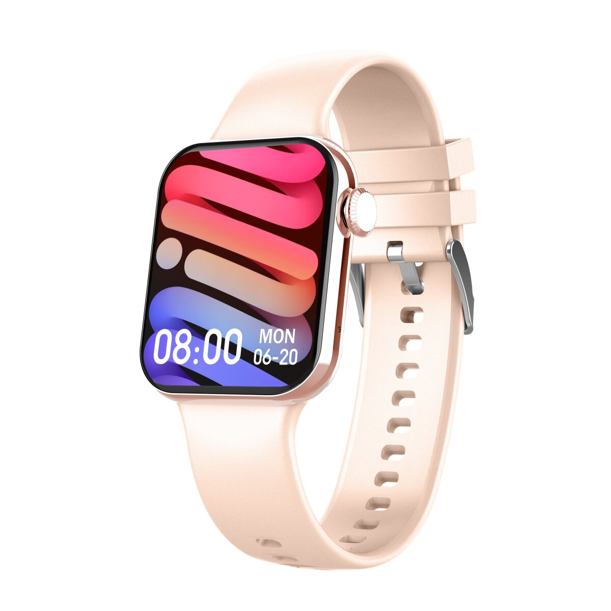 Smartwatch mit pinkfarbenem Armband, zeigt Zeit und Datum. Auf weißem Hintergrund.