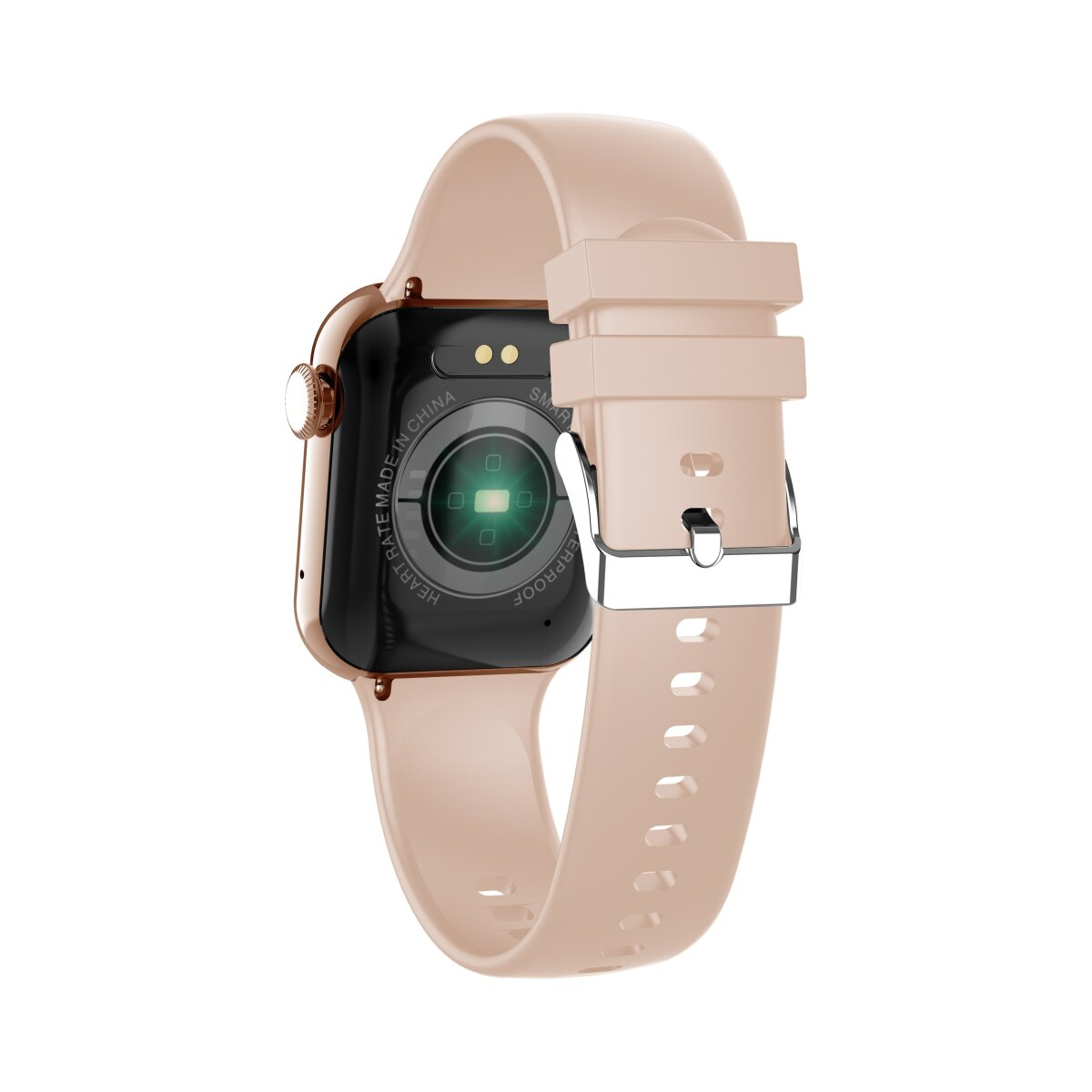 Eine Smartwatch mit beigem Armband und schwarzer Unterseite.