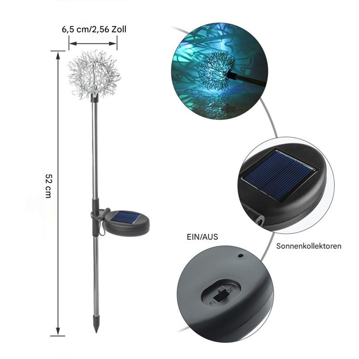 Solar-Gartenleuchte, silberner Stab mit Kugel, und Solarpanel.