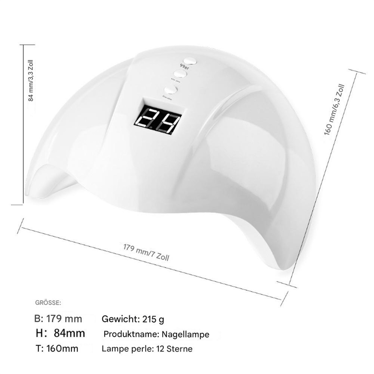 Weiße Nagellampe mit Digitalanzeige. Die Lampe zeigt Abmessungen und Gewichtsangaben in einer Produktaufnahme.