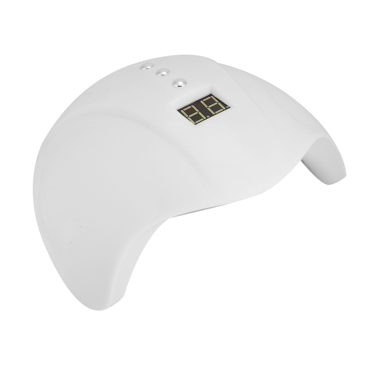 Weiße Nagellampe mit digitaler Anzeige. Sie hat ein bogenförmiges Design mit drei oberen Lichtern.