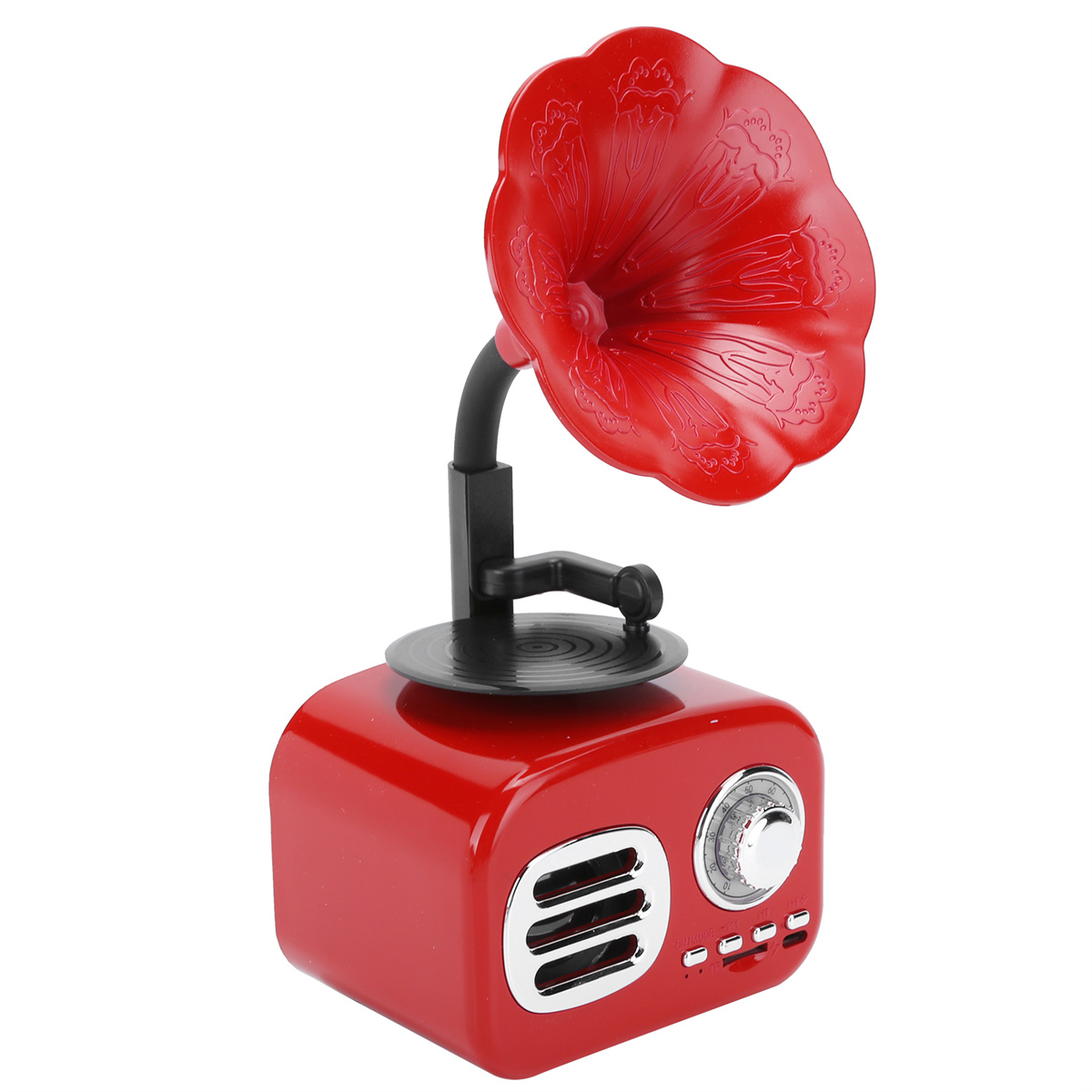 Roter Retro-Lautsprecher mit Horn, auf weißem Hintergrund.