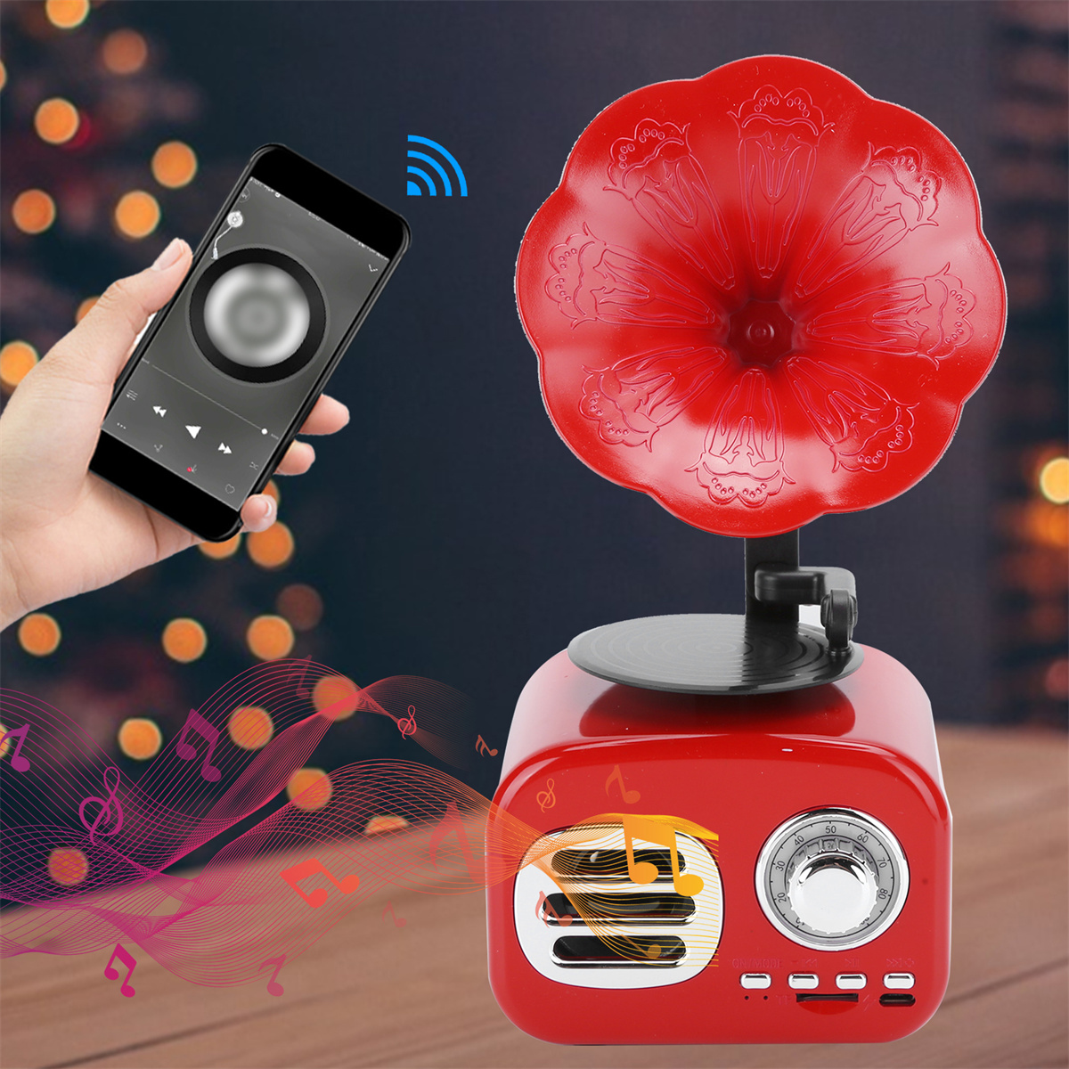 Ein roter Grammophon-Lautsprecher mit einem Telefon, das Musiksteuerungen anzeigt, auf einer Holzoberfläche.