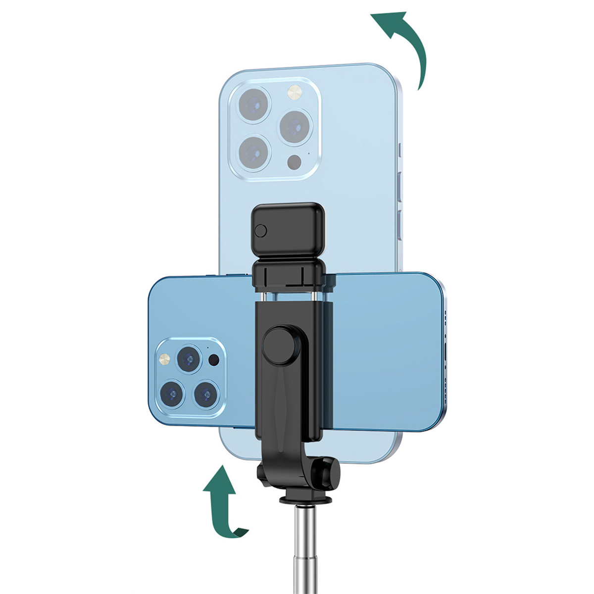 Telefon an einem schwarzen Selfie-Stick, mit Pfeilen, die die Drehung anzeigen.