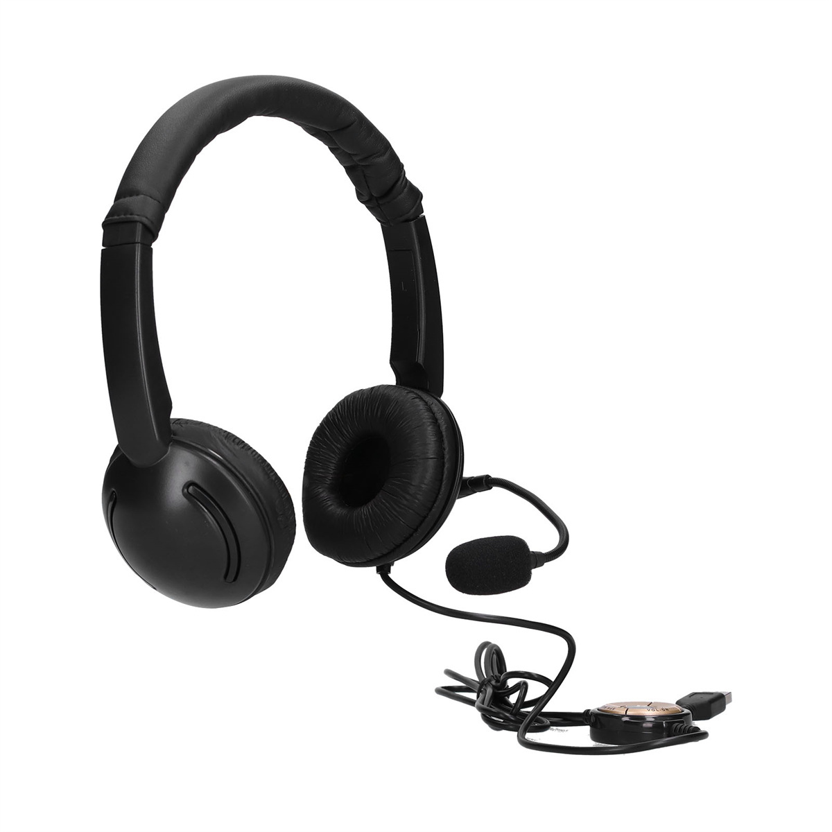 Schwarzes Headset mit Mikrofon. Das Headset befindet sich auf weißem Hintergrund.