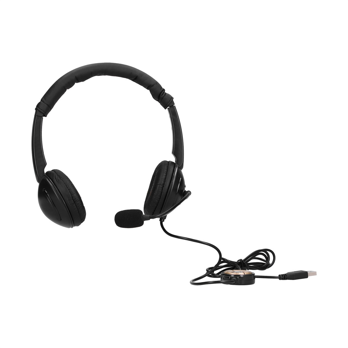 Schwarzes Headset mit Mikrofon und USB-Anschluss.