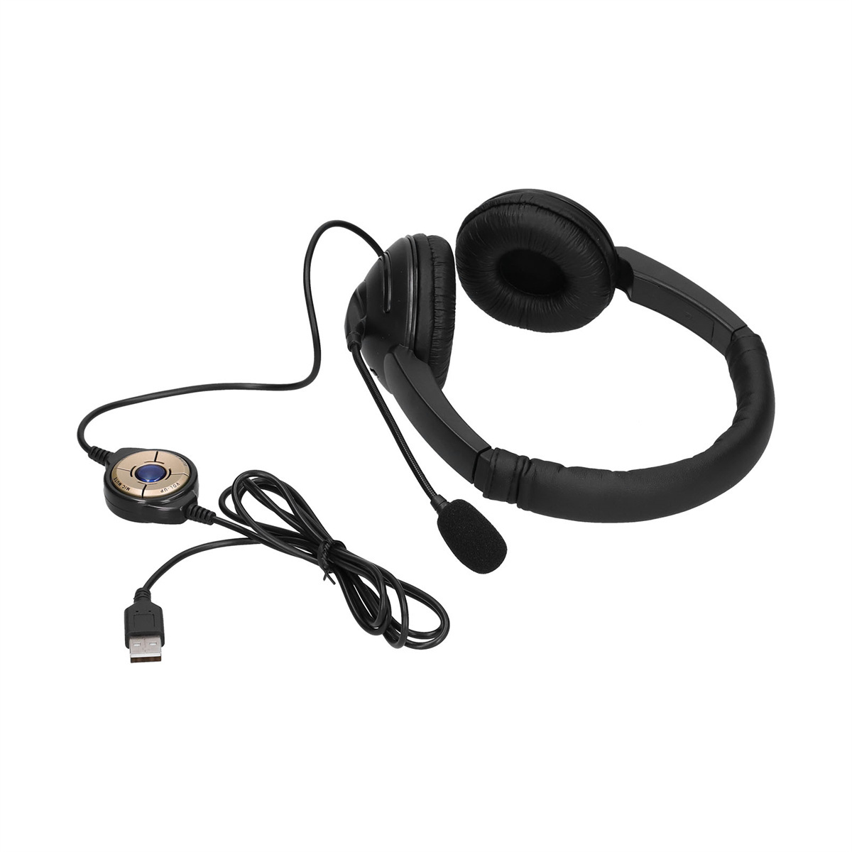 Schwarzes Headset mit Mikrofon und USB-Kabel. Enthält eine Inline-Steuerung. Der Hintergrund ist weiß.
