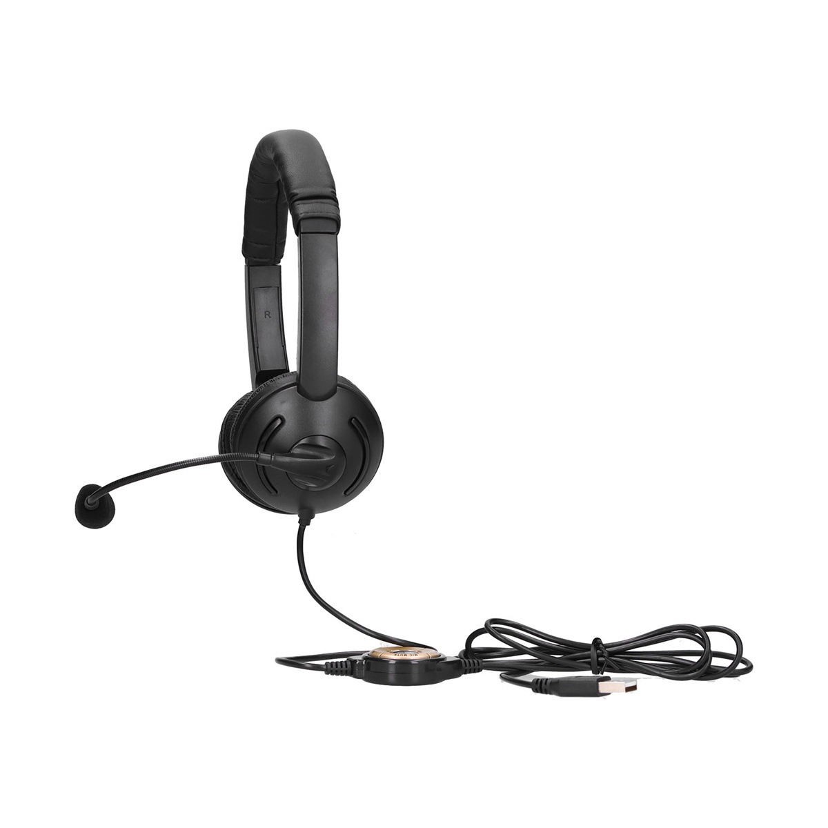 Schwarzes Headset mit Mikrofon und USB-Kabel.