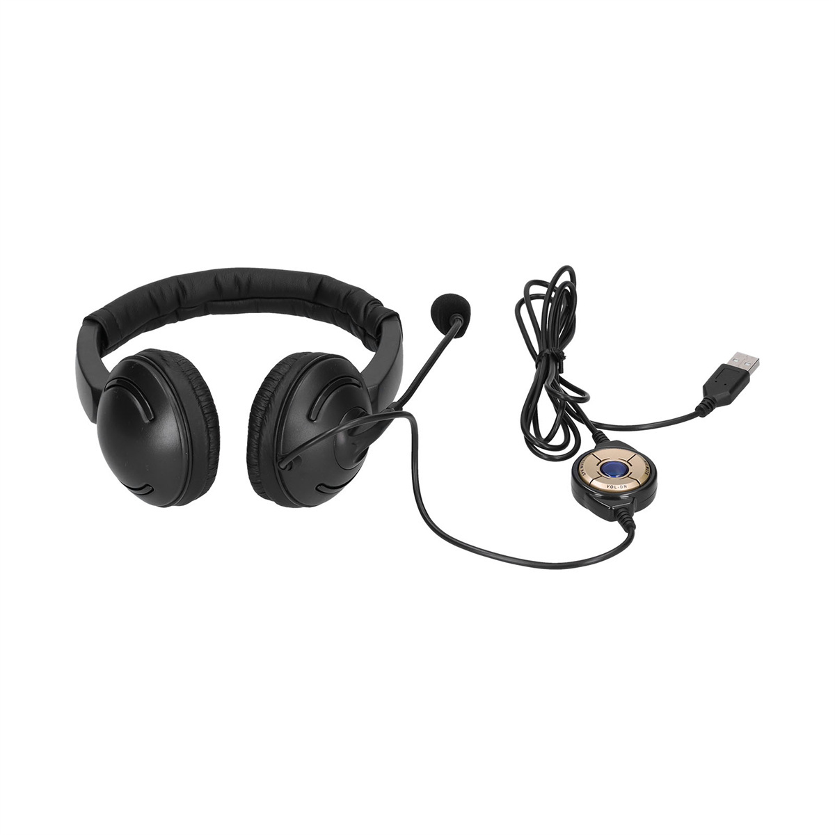 Schwarzer Kopfhörer mit Mikrofon, Steuereinheit und USB-Kabel.