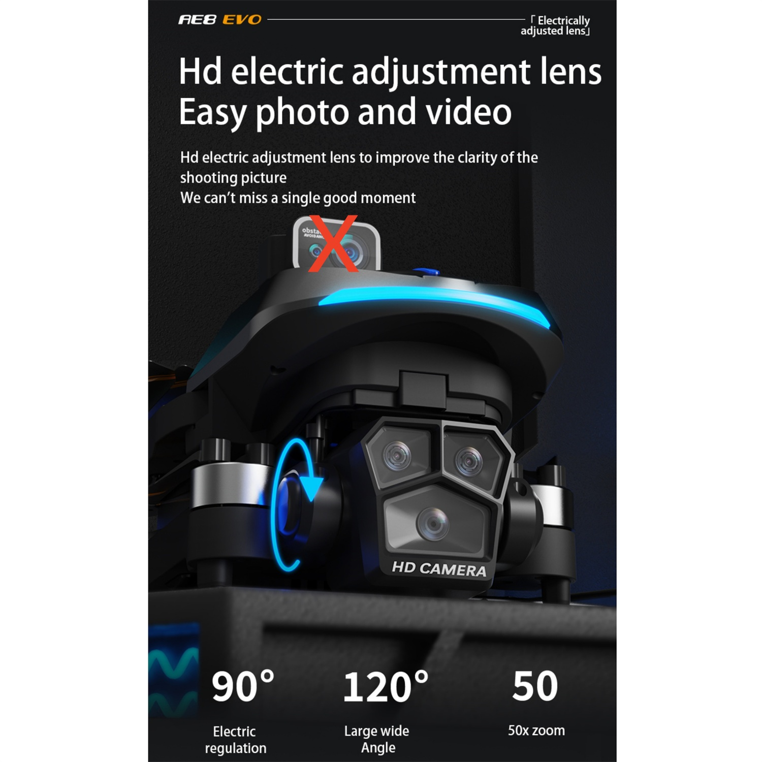 Drohne mit HD-Kamera, hervorgehoben mit Text, der Funktionen wie 90° elektrische Regulierung und 120° Weitwinkel angibt.