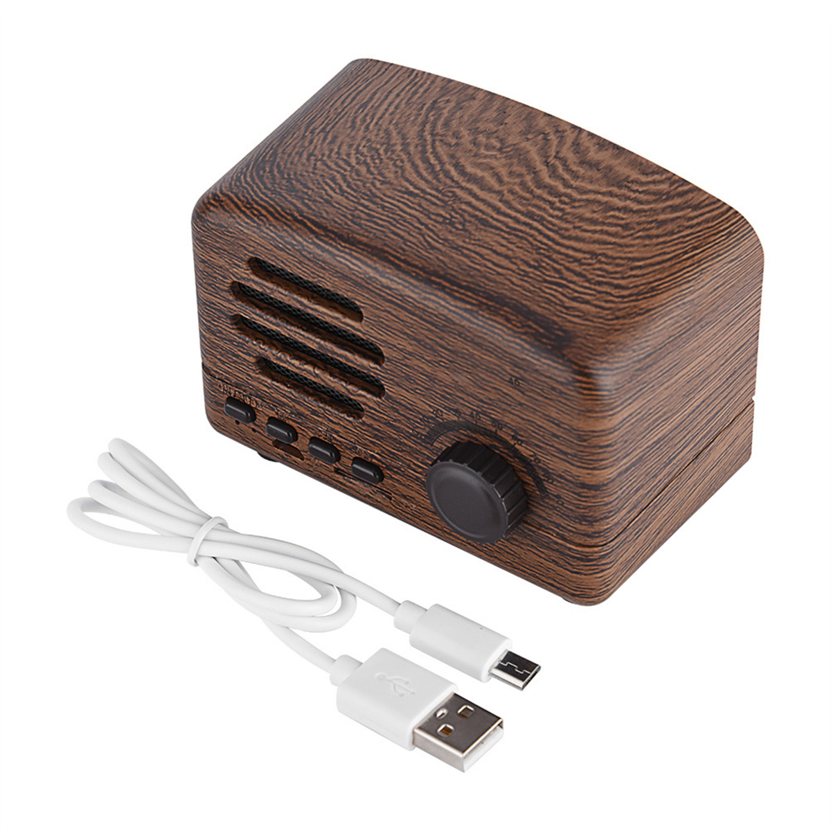 Ein kleines Holzradio mit weißem USB-Kabel und USB-Anschluss.