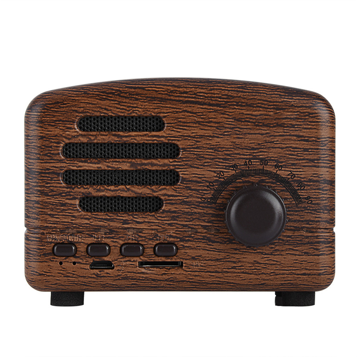 Ein braunes Holzradio im Retro-Stil mit Lautsprechergitter, Abstimmrad und Bedientasten. Das Radio steht auf schwarzen Füßen.