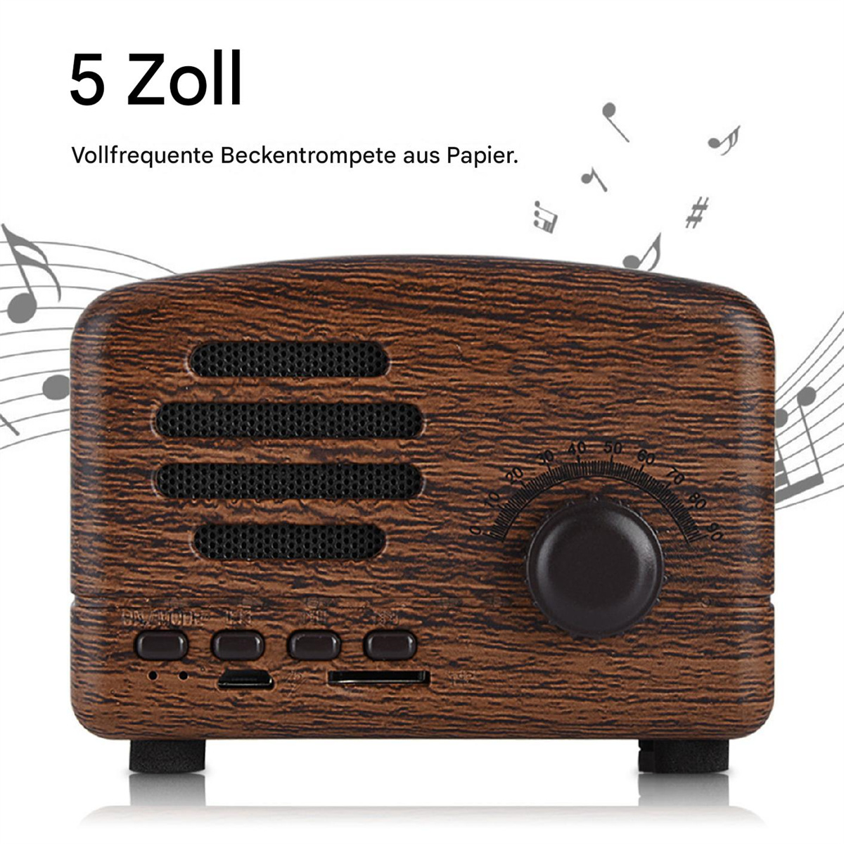 Ein braunes Holzradio mit schwarzem Knopf, Knöpfen und Lautsprechergrill. Noten im Hintergrund.