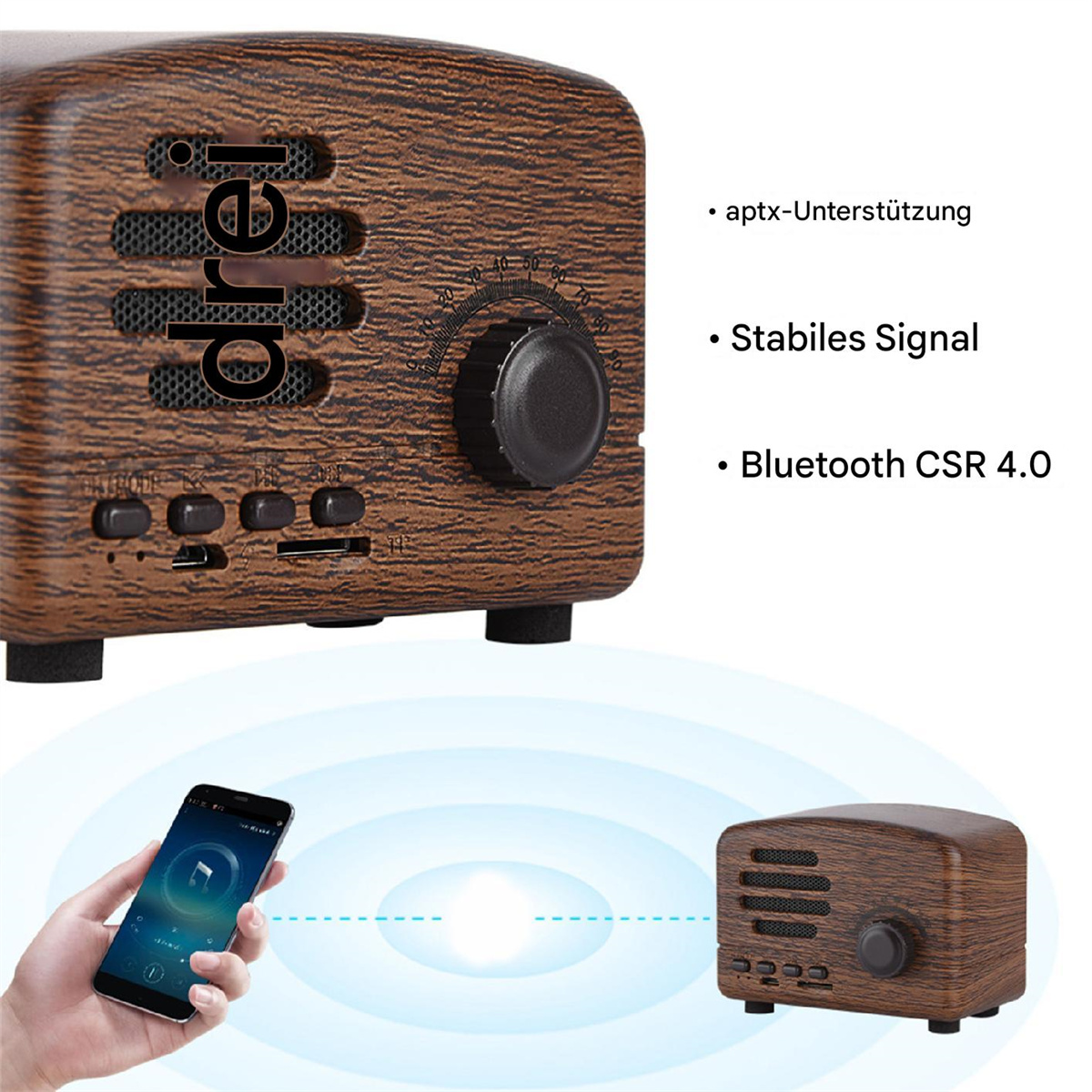 Lautsprecher im Holzstil mit Drehknopf und Knöpfen, neben einem Telefon, das Musik anzeigt.