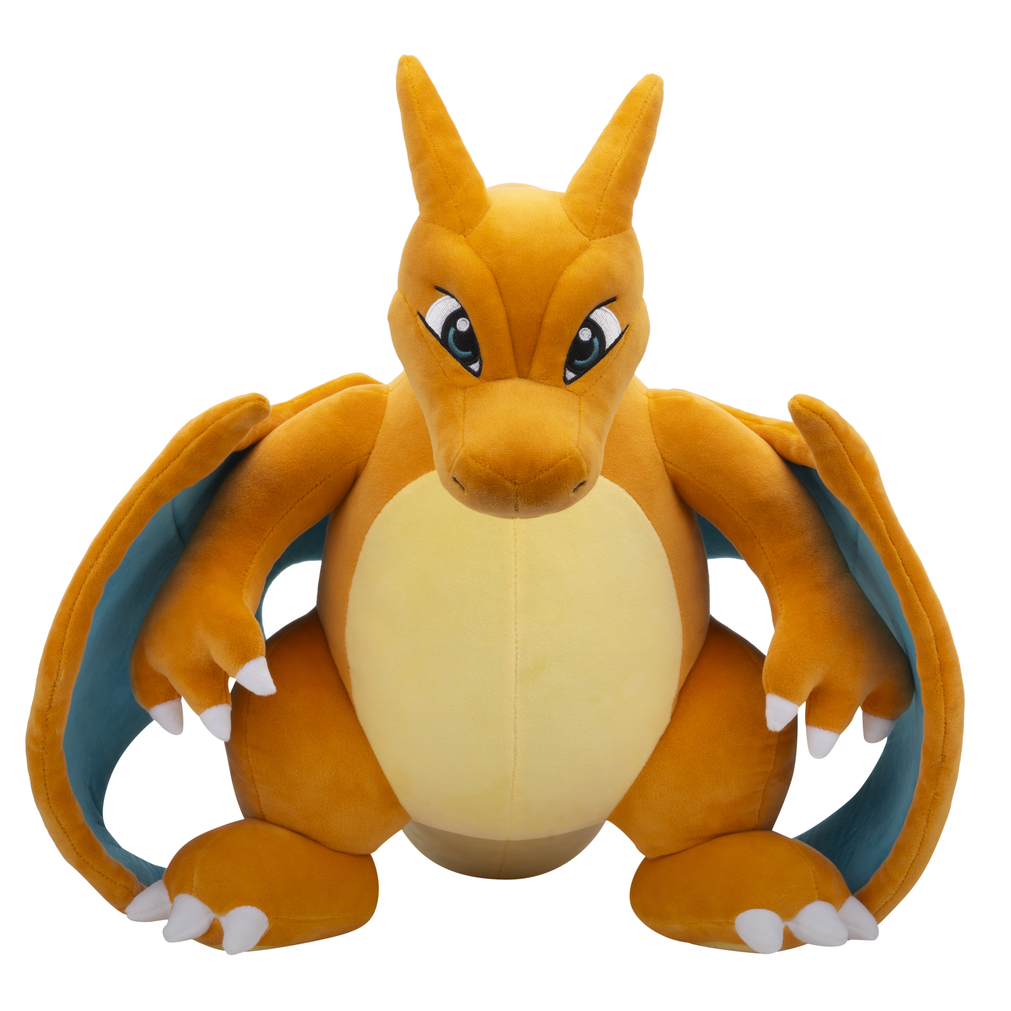 Großes, oranges Charizard-Plüschtier mit ausgebreiteten Flügeln, sitzt auf weißem Hintergrund.