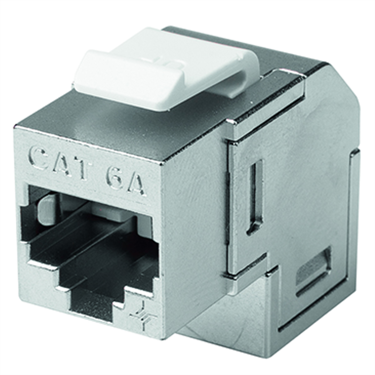 Nahaufnahme eines silbernen RJ45-Steckers, beschriftet CAT 6A.