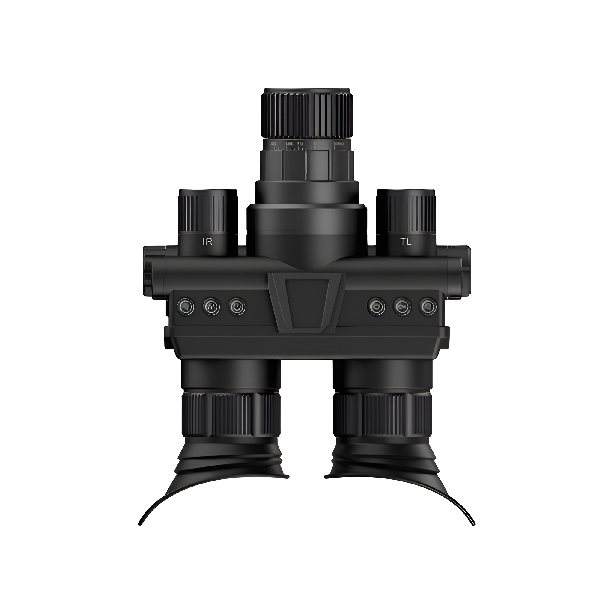 Schwarzes Nachtsichtfernglas. Mehrere Einstellräder und Knöpfe sind sichtbar.
