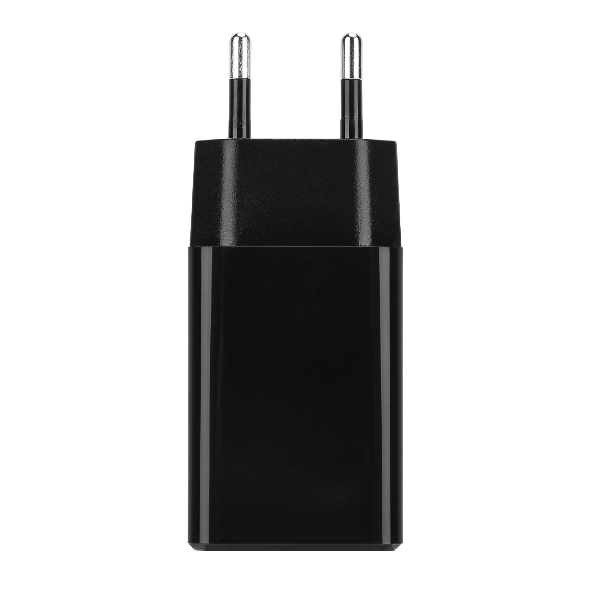 Ein schwarzes Telefonladegerät mit zwei Stiften auf weißem Hintergrund, zeigt ein einfaches Design.