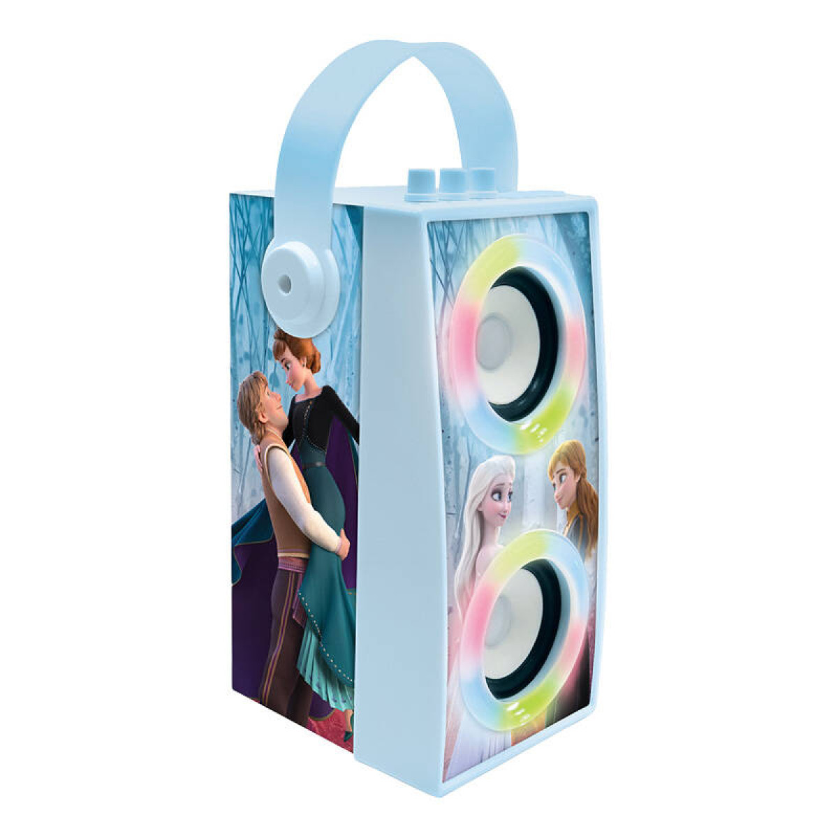 Un altoparlante azzurro con manico, con personaggi di Frozen.